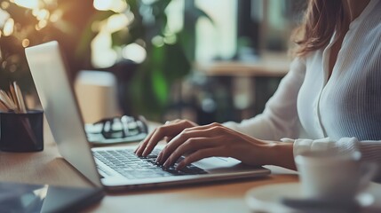 Poster - Close-up of a woman's hands typing on a laptop in a cafe