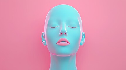Poster - Minimalist Blue Head with Closed Eyes on Pink Background   Modern Art  Abstract  Portrait