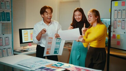 Poster - Group of asian ui ux designers enjoying a successful prototype presentation, expressing joy and excitement in their office