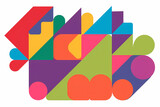A colorful shape art piece with various geometric shapes in different sizes. The shapes are arranged in a non-linear pattern overlapping each other. The shapes are filled with vibrant colors,