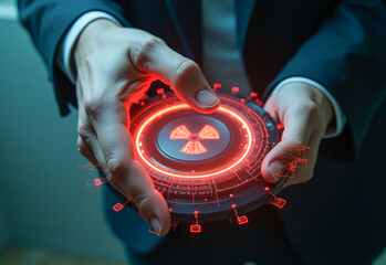 The hand touches the virtual button with the sign of nuclear energy, on a blue background