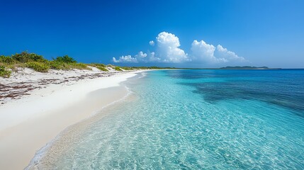 Clear turquoise water laps a pristine white sand beach with green foliage behind, a large white cloud in a bright blue sky.