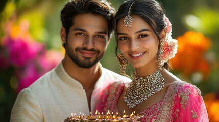 Portrait of a young Indian woman in a bright pink lehenga with silver embellishments and a young Indian man in a white kurta, both together holding a single big thali with diyas, outdoor Diwali