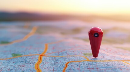 Poster - Red Pin on Map with Sunset Background   Travel Destination Concept