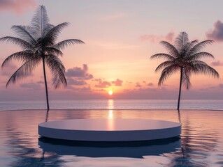 2408 19.A podium stand set by a tropical resort pool, overlooking the tranquil ocean at sunset. The soft lighting from the fading sun creates a peaceful, luxurious ambiance, with reflections of the