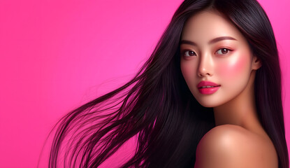 Poster -  an Asian woman with long hair in fuchsia , exuding confidence and beauty