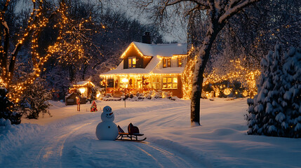 snowy scene with a warmly lit house in the distance, glowing from Christmas lights and decorations, with a snowman and a sled in the yard