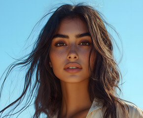 Poster - 
Close-up of a model with long dark hair, brown eyes, and tanned skin wearing minimal makeup