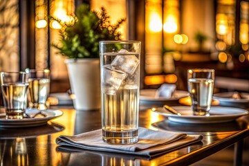 Wall Mural - Iced water glass on table in restaurant with warm background lights