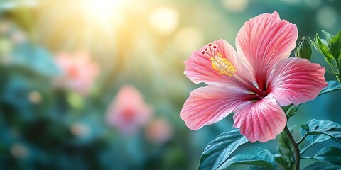 Close-up of a pink hibiscus flower with delicate petals and a yellow center, with blurred green foliage in the background.