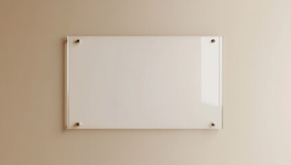 photo of blank white glass sign mockup with four metal fastening nails on beige wall background