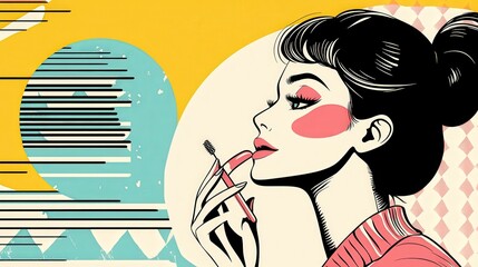 Wall Mural - Retro Minimalism: Playful Self-Care Beauty at Home - Graphic Poster Style Illustration of Woman in Simple Black Outlines with Fun Colors on Full Background.