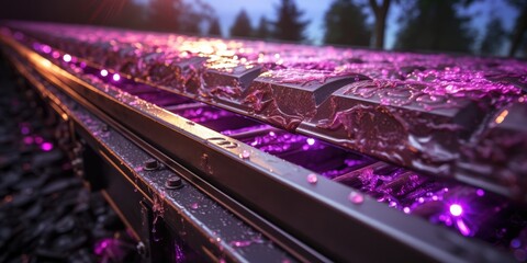 Poster - A close up perspective of a textured metal surface with a purple hue illuminated by small lights and shimmering water droplets