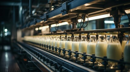 Poster - Automated Bottling Line for Dairy Products Rows of Glass Bottles Filled with Milk Moving on a Conveyor Belt in a Modern Factory