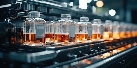 Poster - Bottles filled with amber liquid moving on a conveyor belt in a factory setting. The bottles have blank labels and appear to be ready for packaging or distribution.