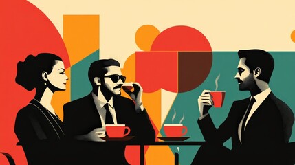 Wall Mural - Joyful Coffee Break: Retro Illustration of Happy Business People in Minimalistic Graphic Poster Style