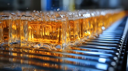 Poster - A close-up of a line of glass containers filled with a liquid, with the liquid splashing as it moves along a conveyor belt.