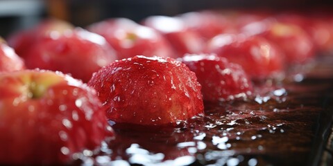 Aufkleber - A Row of Shiny, Wet Apples, Each Covered in Tiny Droplets of Water, Creating a Sparkling and Delicious Visual Feast