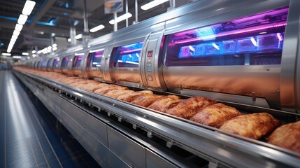 Poster - A long, sleek conveyor belt carrying rows of evenly spaced, browned, rectangular food items through a series of illuminated stations.