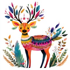 Canvas Print - Colorful Boho Reindeer with Floral Accents