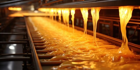 Poster - A close-up view of a viscous, golden liquid flowing through a production line, showcasing the industrial process of manufacturing and the intricate details of the machinery
