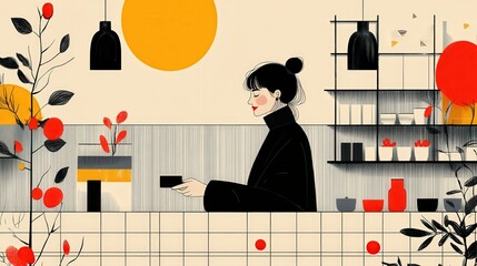 Wall Mural - Minimalist Retro Illustration of a Happy Female Customer Paying with Credit Card in Ceramic Store