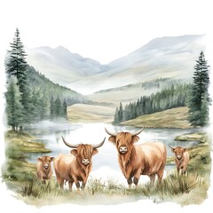 Canvas Print - Watercolor Illustration of Highland Cows in a Scottish Landscape.