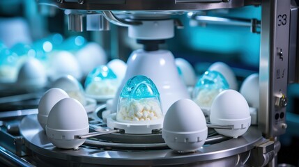 Aufkleber - Automated Food Processing A Close-up of a Conveyor Belt System Handling Small White Ingredients in Clear Containers, Utilizing a Rotating Mechanism with a Polished Metal Frame