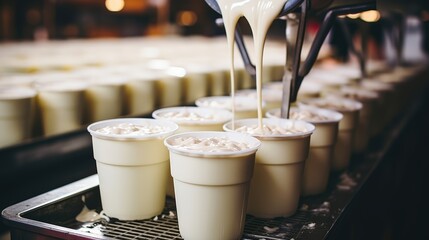 Poster - A stream of creamy white liquid pours into a line of plastic cups, creating a visually appealing and symmetrical scene within a factory setting.