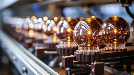 Poster - A row of glistening glass bulbs lit from within, traveling along a metal conveyor belt, signifying the manufacturing process of illuminated products.