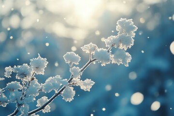 Poster - Closeup of a frosted branch with a blurred blue and white background, creating a wintery, magical ambiance.