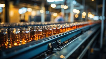 Poster - Glass jars filled with liquid travel down a metal conveyor belt in a factory setting.