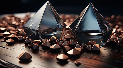 Aufkleber - Two reflective glass pyramids resting on a bed of metallic pyramids on a wooden surface