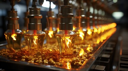 Poster - A row of glass bottles filled with a glowing liquid on a metal conveyor belt, each bottle surrounded by small brown nuts