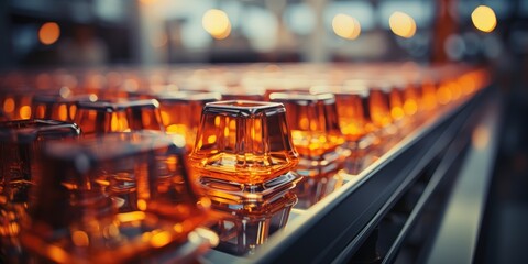 Poster - A row of translucent amber objects moving along a metal conveyor belt, reflecting the warm glow of surrounding lights