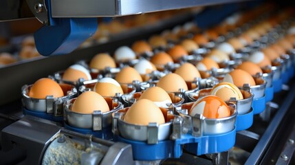 Poster - A Close-Up View of a Conveyor Belt Carrying Fresh Eggs Through a Modern Processing Plant,  Showcasing the Efficiency and Automation of Food Production