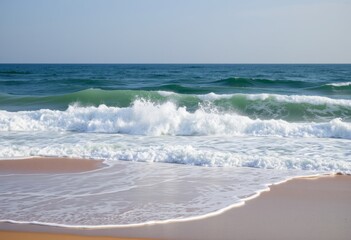 Coastal landscape with waves crashing against a sandy beach