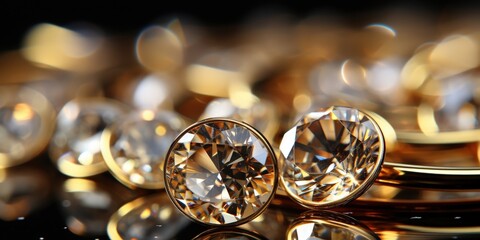 Aufkleber - A close-up view of two sparkling diamonds resting on a golden surface, surrounded by a bokeh background of blurred light and other gems, creating an image of luxury and opulence.