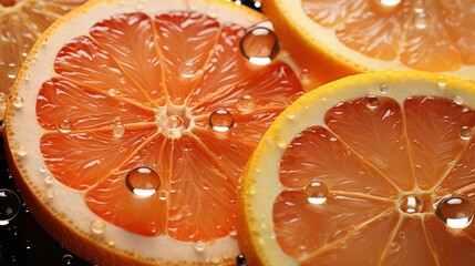 Aufkleber - Close-up of juicy citrus fruit slices with water droplets, showcasing the vibrant colors and textures of the fruit's interior