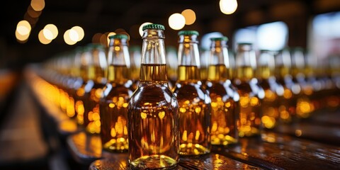 Aufkleber - A row of amber glass bottles filled with a golden liquid, bathed in soft light from overhead lamps, reflecting off the smooth surface of the beverage