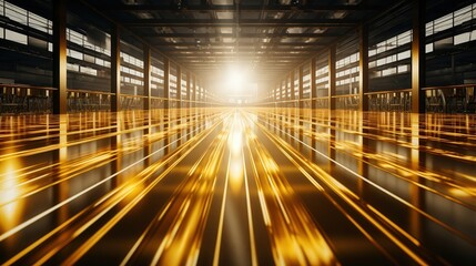 Poster - A shimmering golden path leads to an unseen light, illuminated by the sun's rays filtering through a futuristic industrial structure.