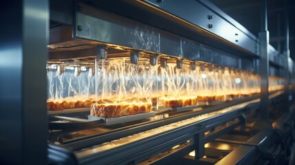 Poster - Industrial Conveyor Belt System Moving Golden Brown Pastries Through a Series of Transparent Chambers