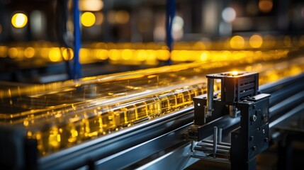 Poster - A close-up view of a modern automated production line, showcasing the intricate machinery and the streamlined flow of products through the conveyor belt.