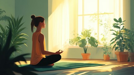 Tranquil Yoga Time: Minimalist Flat Vector Illustration of Healthy Woman Practicing Relaxation Yoga at Home in Fun Color Palette