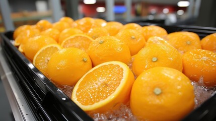 Aufkleber - A Close-Up View of a Tray of Fresh, Juicy Oranges, Glistening with Moisture, Ready to be Enjoyed