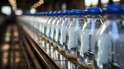 Aufkleber - A line of glass bottles with blue caps on a conveyor belt during a manufacturing process