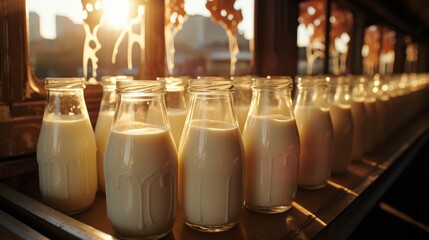 Poster - A row of milk bottles on a shelf, bathed in the warm glow of the setting sun, creating a picturesque scene of simple beauty and everyday life.