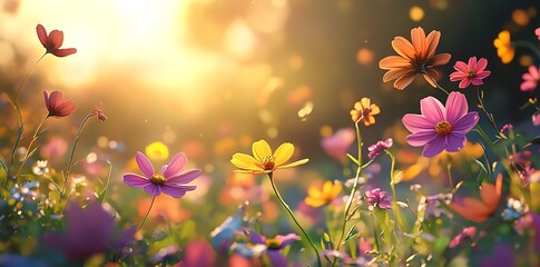 Wall Mural - Colorful flowers bloom in a field with a soft, golden light shining through.