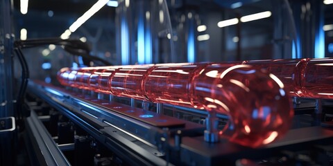 Poster - A Row of Transparent Red Cylinders Moving Along a Conveyor Belt in a Factory Setting