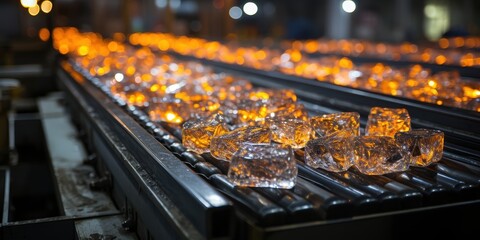 Poster - Crystalline Conveyor Belt A close-up view of a metal conveyor belt transporting glowing glass cubes, reflecting a warm, orange light from within, against a darkened background.